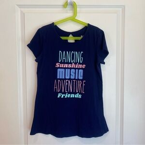 Justice Blue Top with colorful graphic text - Girls 14-16